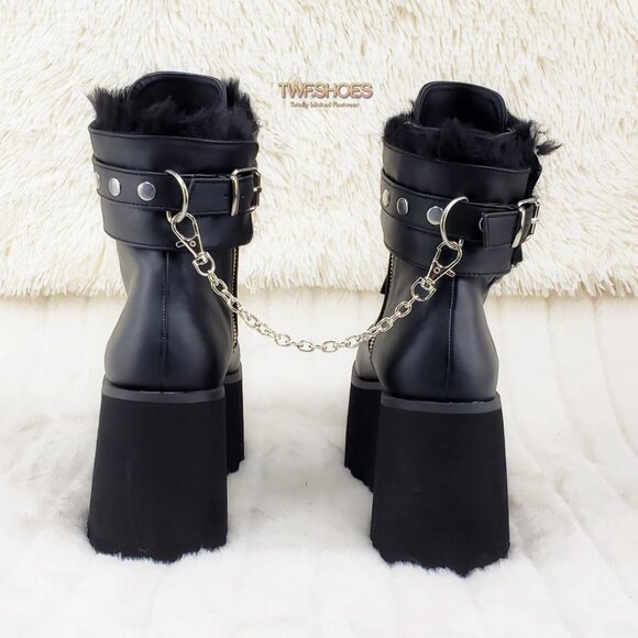 Goth Punk Platform Ankle Boots Furry Chain Cuff 57 - Picture 11 of 16